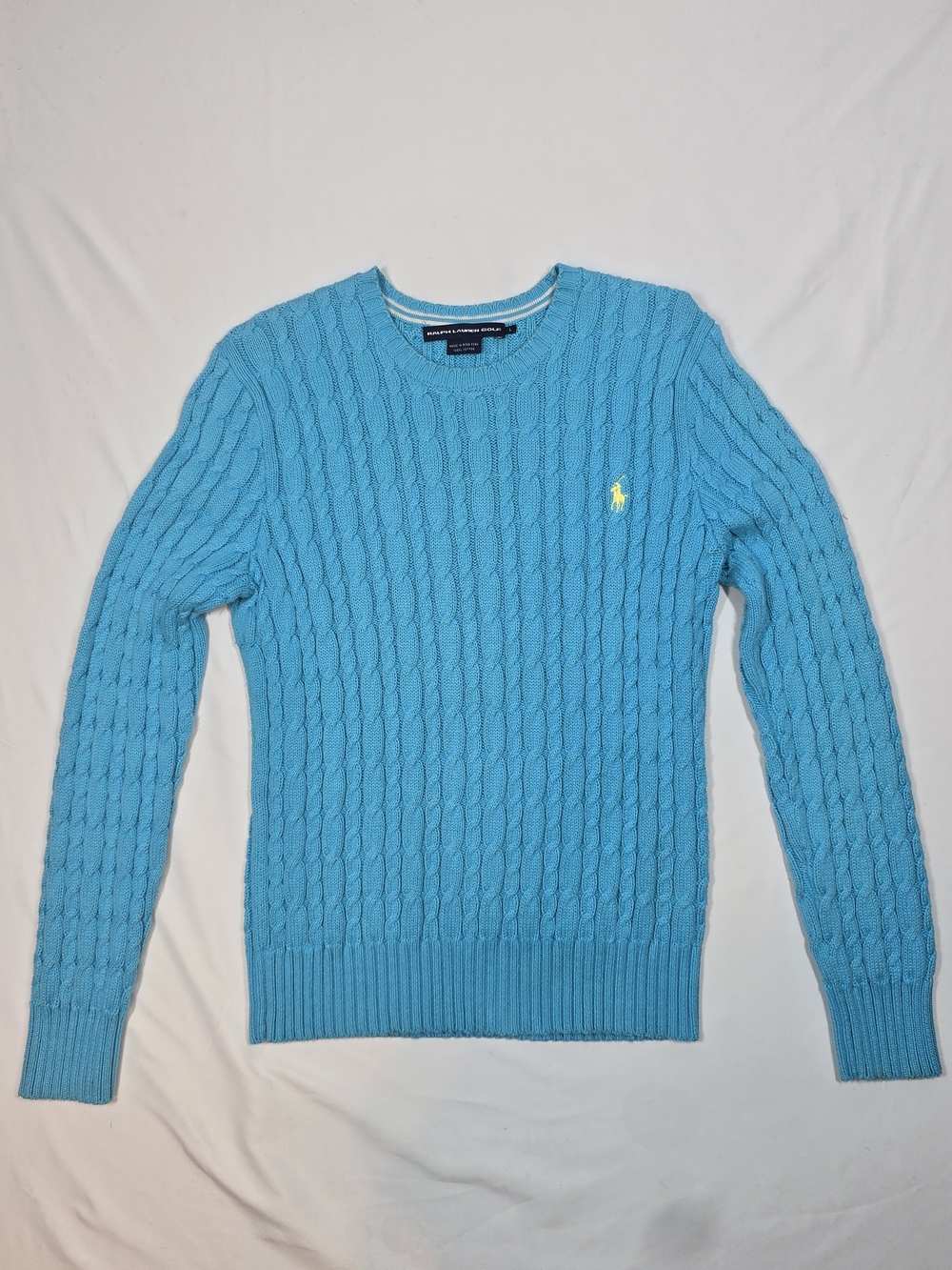 Ralph Lauren Golf Cable Knit Sweater Bright Blue Cotton Crew Neck Large